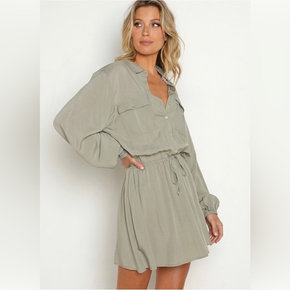 Anthropology L Space Amelia Dress tie waist chest pockets Sz S Color Olive Green - Picture 3 of 5